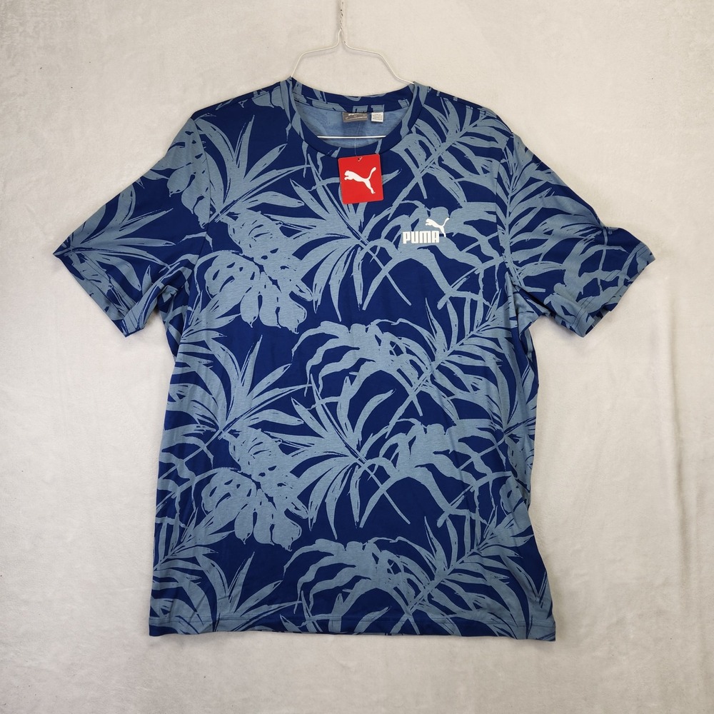 Puma‎ Mens XL Tropical Palm Leaf Print T-Shirt Blue Crewneck Short Sleeve New